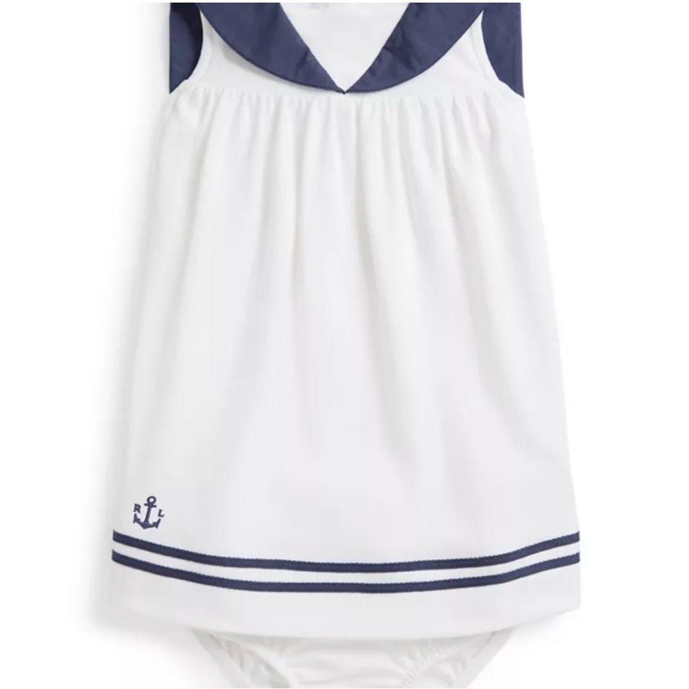 Gently Used Ralph Lauren Baby Girls Cotton Interlock Sailor Dress & Bloomer